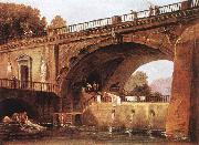 ROBERT, Hubert Washerwomen below a Bridge oil painting on canvas